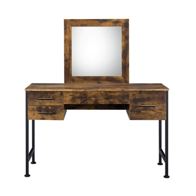 Meuble-lavabo 4 tiroirs, chêne rustique et métal noir, miroir L 18 po x H 18 po, rangement de tiroirs pour articles de maquillage
