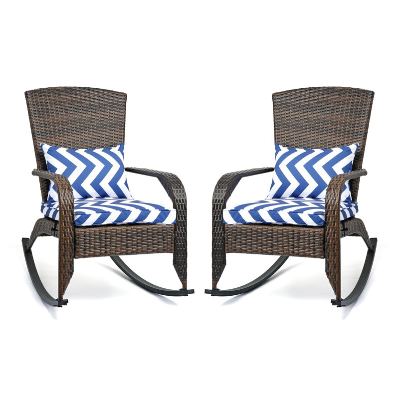 Chaises berçantes d'extérieur en osier avec coussins (ensemble de 2), Bleu, Brun