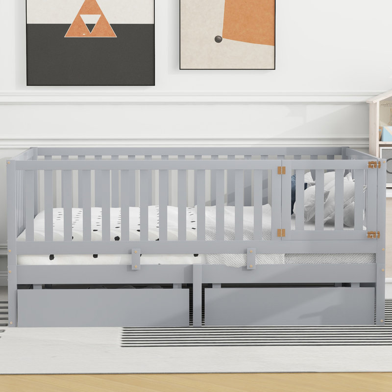  Wood Daybed with Fence Guardrails, 2 Storage Drawers, Convertible Floor Bed, and Shelving for Multi-Functional Use, Grey