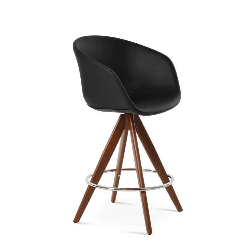 Tabouret de bar Tribeca Pyramid, Tabouret de comptoir (siège d'une hauteur de 27 p, Noyer, Similicuir noir