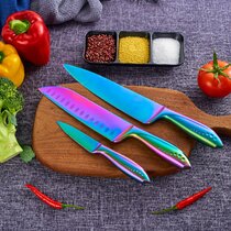 Farberware 11-piece Rainbow Iridescent Blades with Teal Handles and Sheath  Titanium Cutlery Set