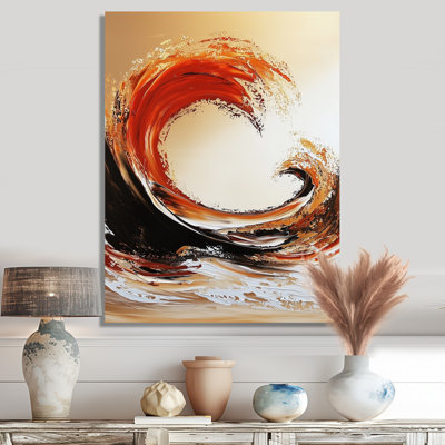 Golden and Red Coastal Waves II - décoration murale nautique en métal, impression métallique bord de mer