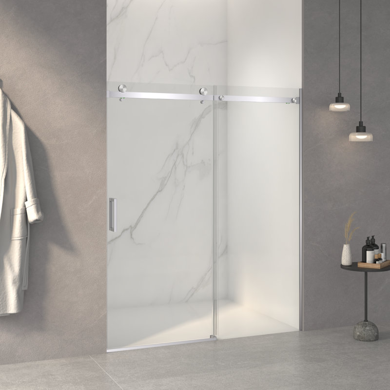 56"-60"W x 72"H Frameless Sliding Shower Door with 5/16" Tempered Glass & Buffer System, Brushed Nickel