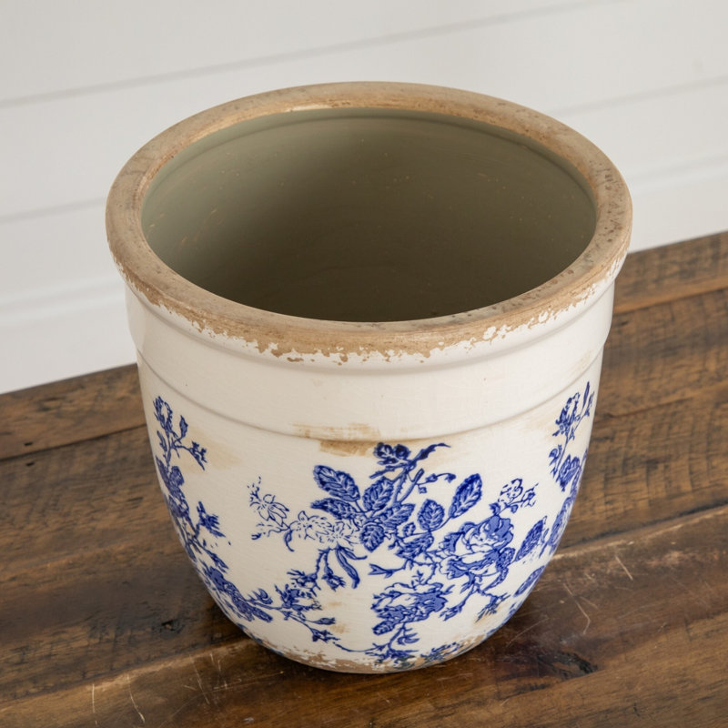 6.5in. Floral Tuscan Ceramic Blue Scroll Planter
