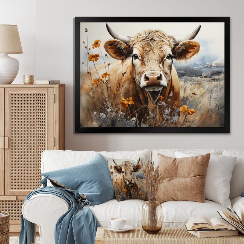 Wyre Cow In The Meadow III - impressions sur toile de vache, H 30 po x l 40 po, Cadre photo unique, Noir