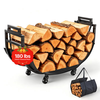 Firewood Rack 31.69 Inch Heavy Duty Indoor Fire Wood Storage Holder, for Fireplace Patio Deck, 180 lbs Load Capacity, 4 Locking Swivel Casters, Log Stacker Stand Metal Wood Pile Organizer, Black