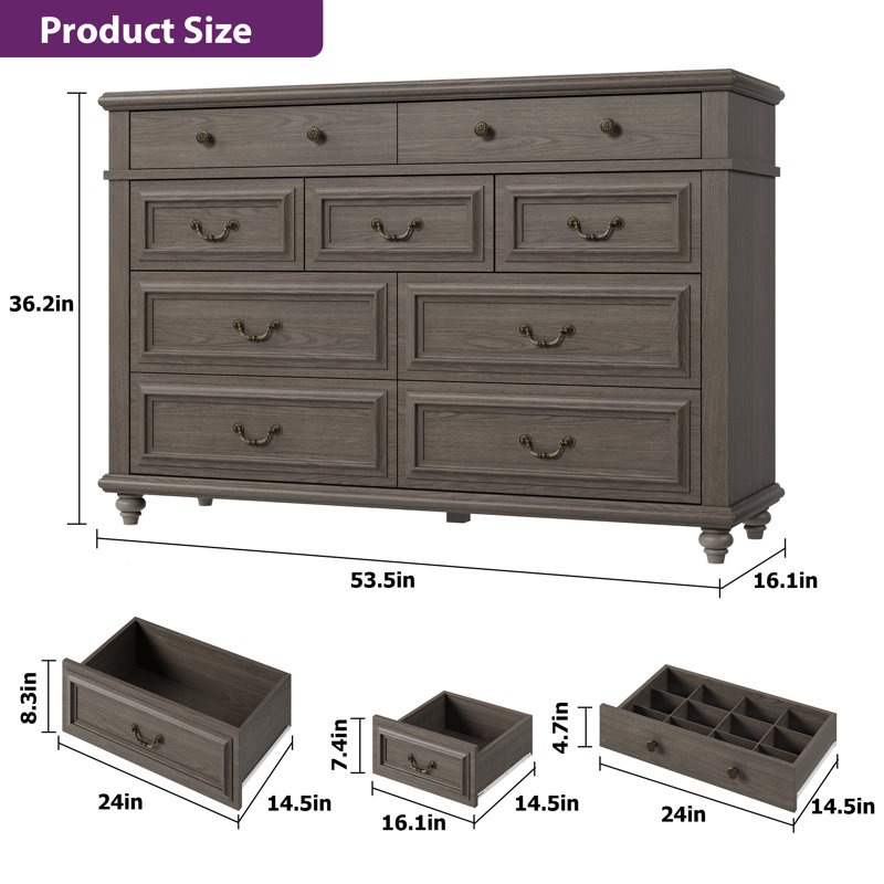 9 Drawer Dresser For Bedroom, Gris
