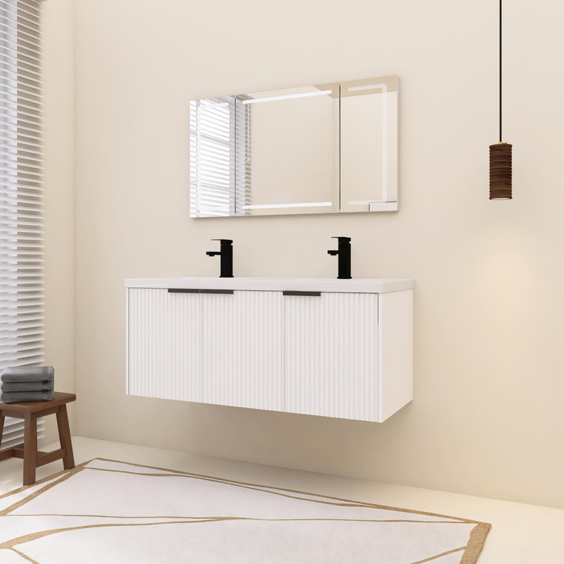 Meuble-lavabo mural 48 po avec lavabo double en résine et 3 portes à fermeture en douceur, Blanc