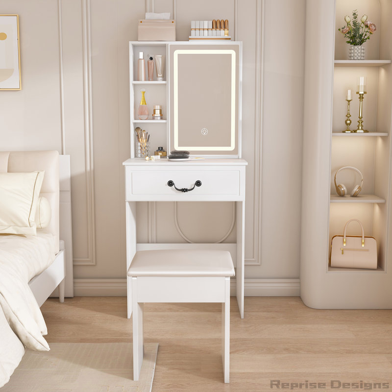 Modern Dressing Table with LED-lit Mirror and Hidden Storage