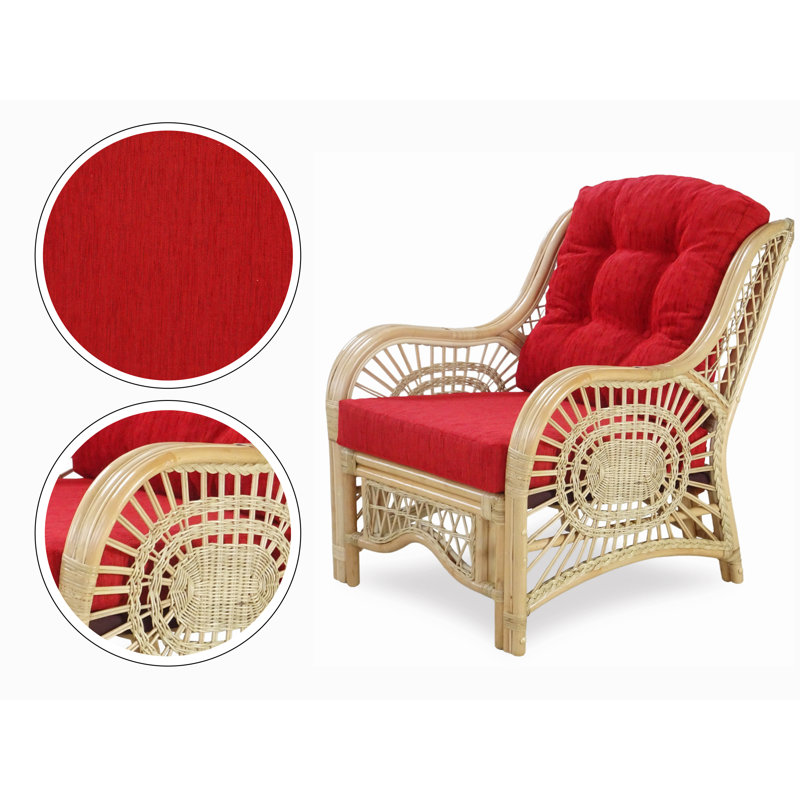 Natural Rattan Wicker Lounge Set with Red Cushions and Glass Coffee Table