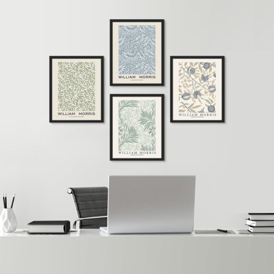 Motif floral bleu et vert sur papier, 4 pièces par William Morris