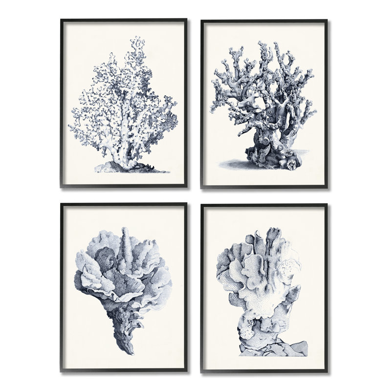 Ensemble d'illustrations texturées et giclées sur fond de corail de mer rétro, 4 pièces, par Vision Studio, H 20 po x l 16 po