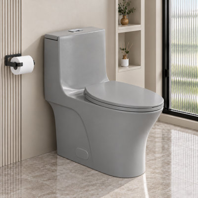 Toilette allongée une pièce à double chasse 1,1 / 1,6 GPF avec siège confortable de 17,32 po de hauteur, surface vitrée en céramique (siège à fermeture en douceur incluse), gris clair