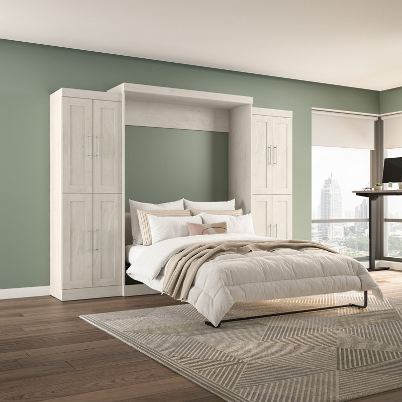 Grand lit mural Arlex de 115 W avec unités de rangement de 25 W avec portes, Chêne blanc lin