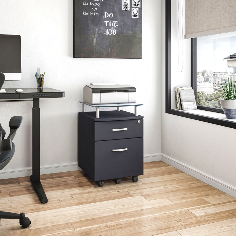 Classeur à roulettes graphite avec plateau en verre pour le bureau personnel, Gris foncé