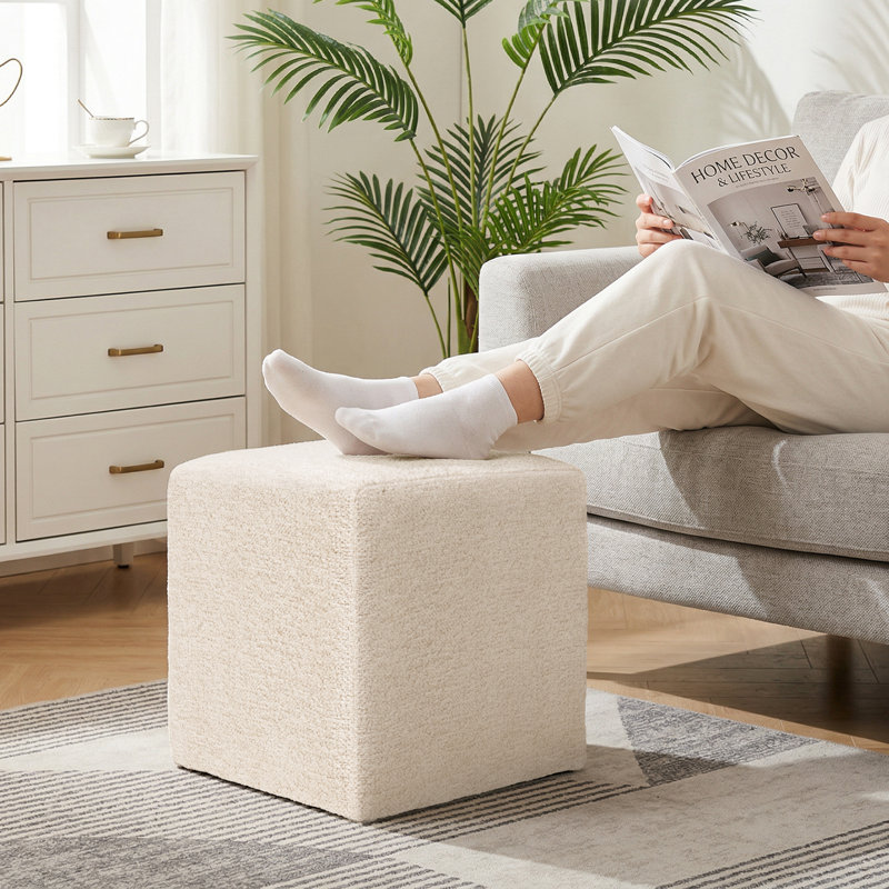 Square Upholstered Ottoman With Solid Wood Frame, White