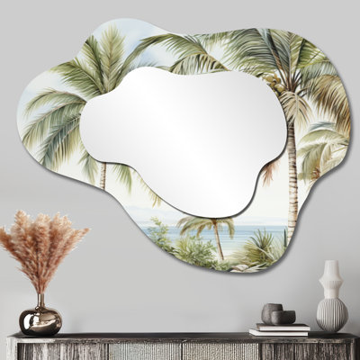 Grand miroir mural en métal tropical en forme de nuage - Palmiers sur la plage II, impression métallique