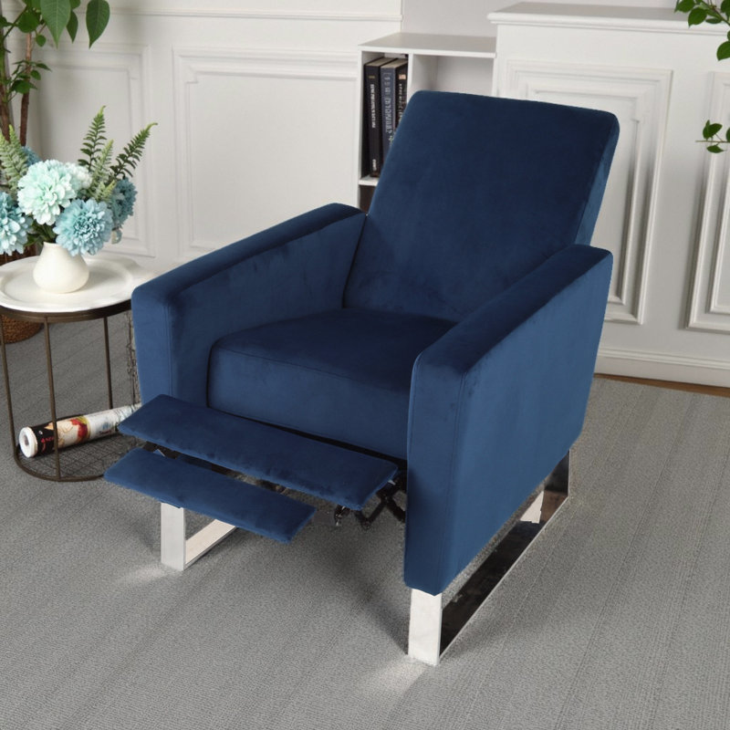 Emerald Velvet Push-Back Recliner with High Metal Legs - Modern Glam Design, Blue