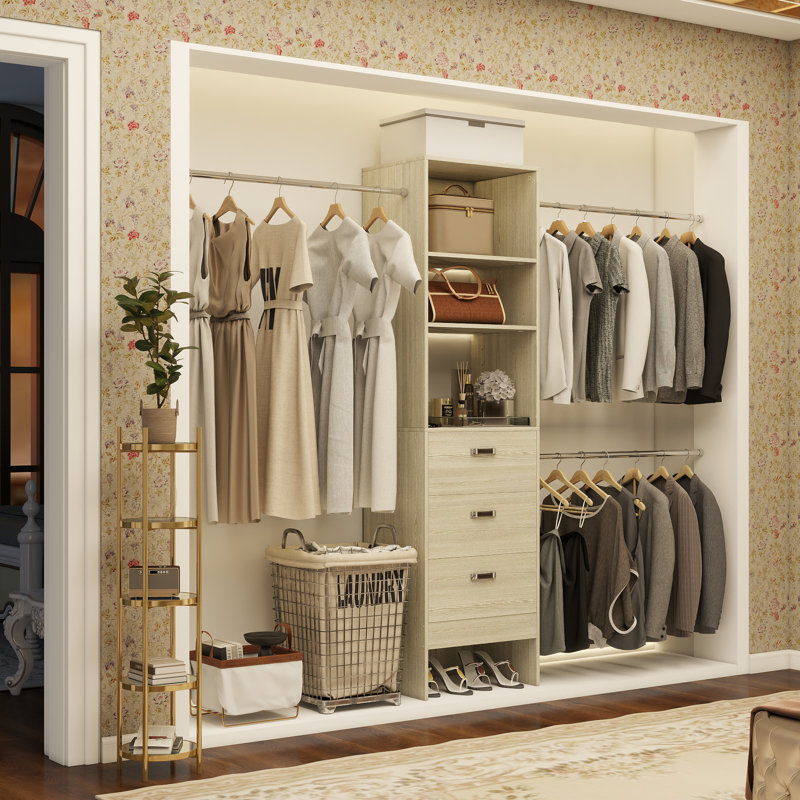 Jeremyiah 21''-96'' Closet System with 3 drawers(can be cut to fit), Natural Wood