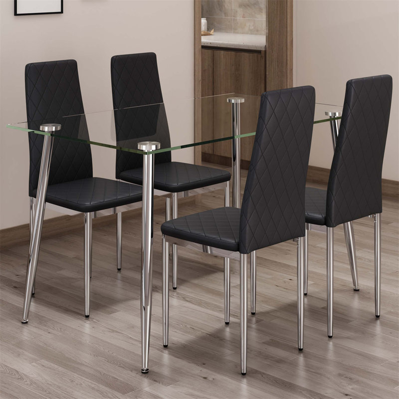 Table de salle à manger moderne et minimaliste moderne en verre avec 4 chaises à carreaux à haut dossier, durable et élégante pour toute maison.