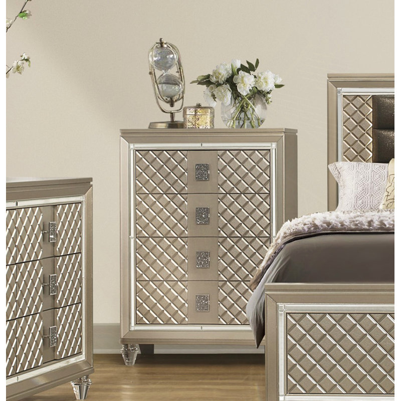Finition champagne glamour, commode 1 pièce, 4 tiroirs, pieds en acrylique, garniture de miroir de luxe