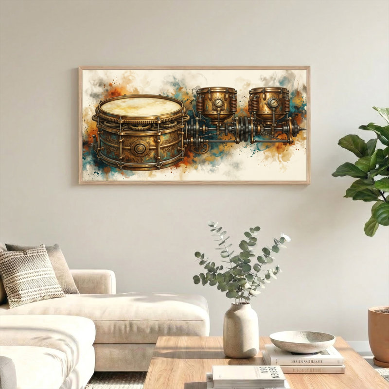Ensemble de 1 tableau sur toile Steampunk Drums, L 40 po x H 20 po, Naturel