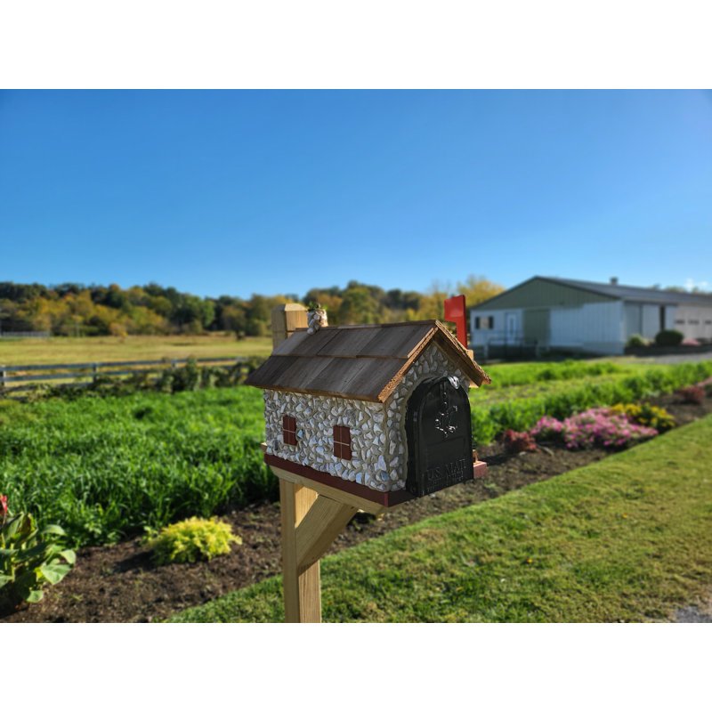 Boîte aux lettres en pierre blanche Amish, faite à la main, style grange, Bordure rouge