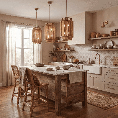 Lustre 6 lumières Han en laiton chaud et corde