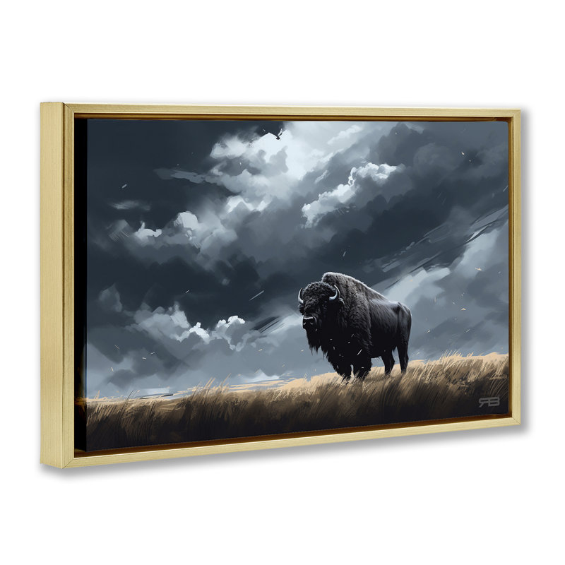 «Bison Silhouette with Clouds», toile flottante encadrée par Roozbeh Bahramali, Cadre flottant métallique doré