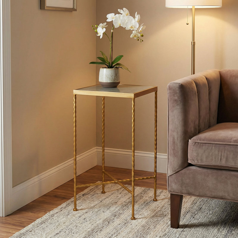 Paolina Square Accent Table Painted Gold, Glass Snakeskin Top