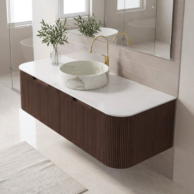 Meuble-lavabo mural de 48 po en contreplaqué, noyer foncé, conception rayée à bord arrondi avec tiroir de rangement imperméable et résistant à l'humidité, pré-assemblé