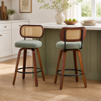 26" Swivel Solid Wood Counter Stool with Cane Rattan Back, Light Green (Set of 2)