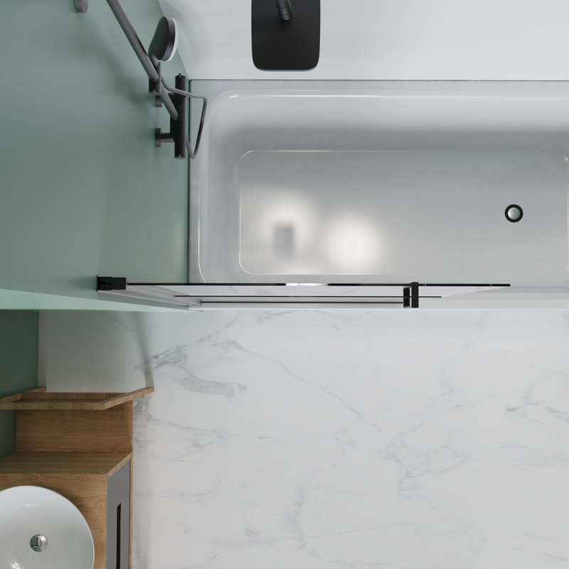 Porte de baignoire pivotante sans cadre H 55 po x l 31,5 po avec verre trempé 1/4 po et quincaillerie noir mat