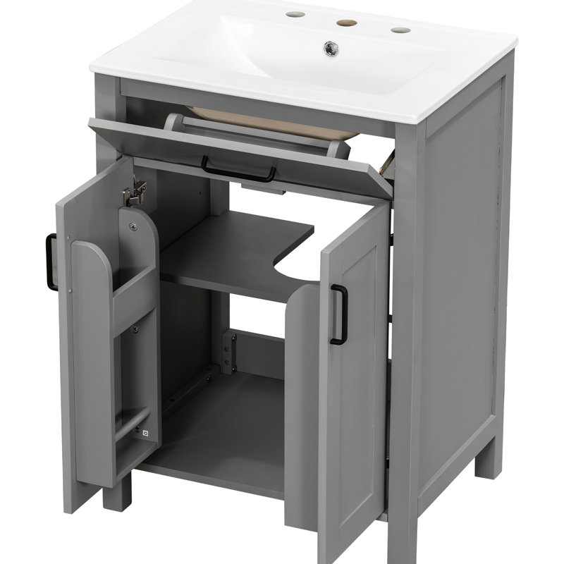 Meuble-lavabo moderne de 48 po comprenant un lavabo en céramique, une structure en bois massif et une tablette réglable en forme de U pour un lit double Essentials avec double lavabo, fonction silencieuse à fermeture en douceur, articles de toilette à tiroir rabattable
