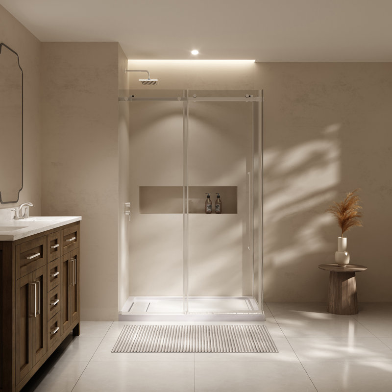 Ensemble de douche coulissante avec porte et base 48 po x 32 po Selby - Chrome, H 76,77 po x l 47,99 po x P 32,01 po