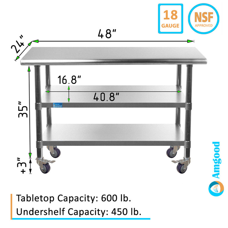 Table de préparation roulante avec plateau en acier inoxydable, H 38 po x l 48 po x P 24 po