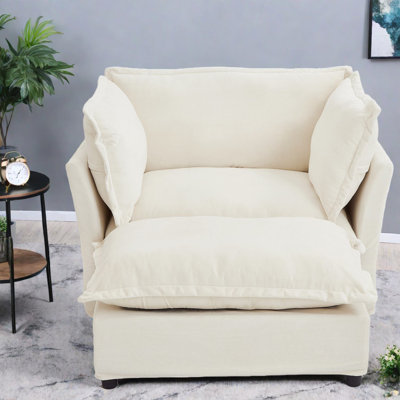 Chaises d'appoint spacieuses en chenille avec repose-pieds mobile, beige moderne