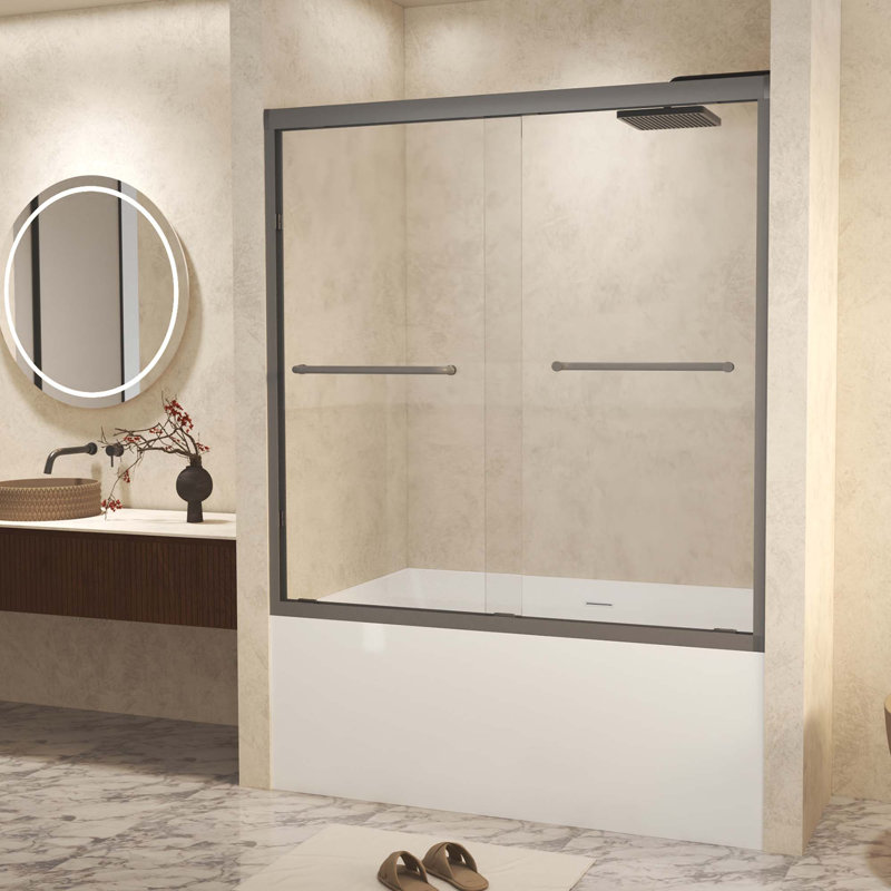 Tempered Glass With Explosion Proof Film,Aluminum Frame Double Sliding Shower Door,Stainless Steel Handle, Brush Nickel