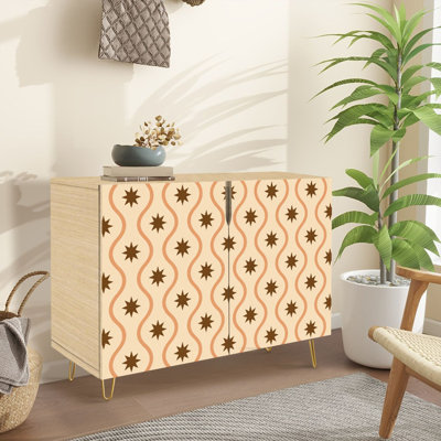 Buffet buffet avec rangement à lignes géométriques en forme d'étoile ondulée brun beige avec 2 portes pour le salon et la cuisine