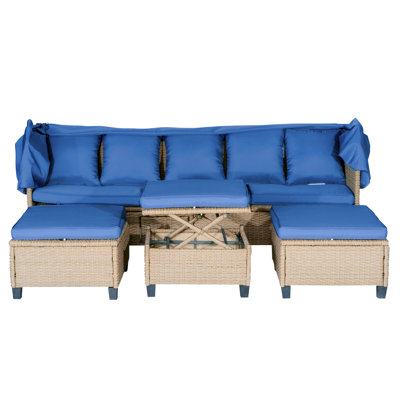 TOPMAX 4 Piece UV-Proof Resin Wicker Patio Sofa Set With Retractable Canopy, Cushions And Lifting Table,Blue