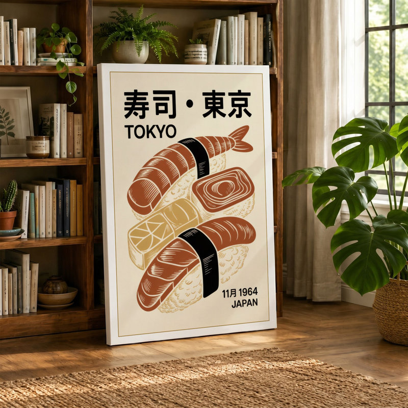 Tokyo Sushi Poster Retro - Wrapped Canvas, Ochre Border, 30x20 - 76.2 x 50.8 cm