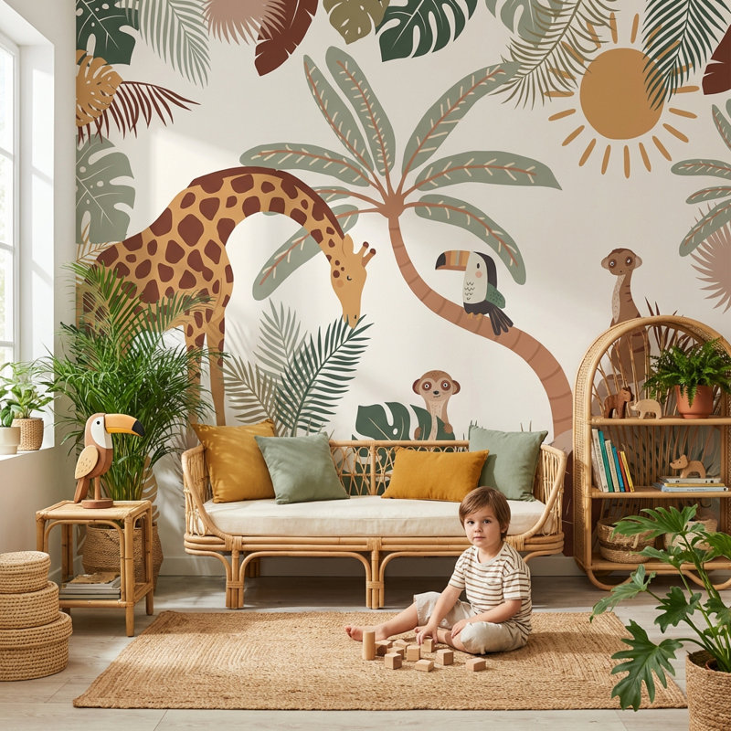 Papier peint tropical Girafe Toucan, 120 po x 96 po, Peler et coller