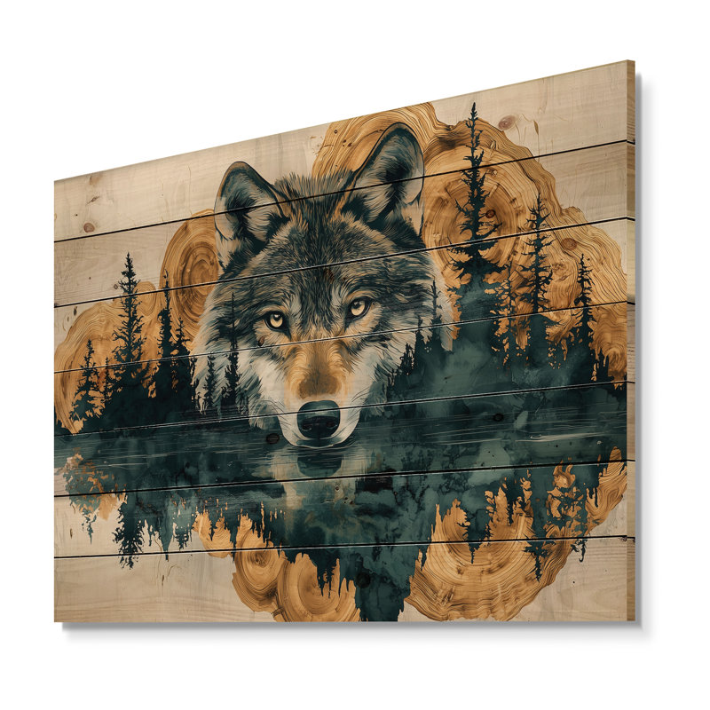 Loup, échos de l'Alpha I - décoration murale animal en bois de loup - sur bois de pin naturel, H 30 po x l 40 po x P 0,78 po