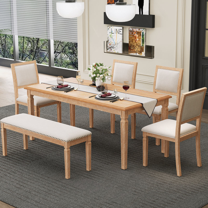 Ensemble de table de salle à manger extensible, table de cuisine avec 4 chaises et 1 banc, Bois naturel délavé
