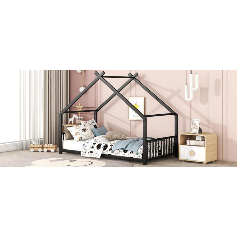 Lit simple en métal avec toit et construction robuste, Black