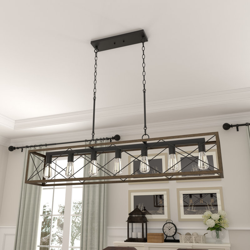 Lustre linéaire pour îlot de cuisine à intensité variable Evys, Noyer patiné, 7, 109" H x 48" W x 7.87" D