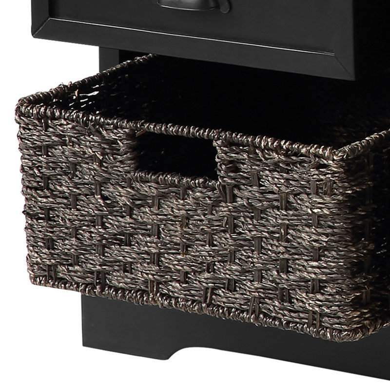 44" Wide Shoe Storage Bench with Cushion Entryway Bench Storage Bench with 3 Drawers and 3 Rattan Baskets, Black