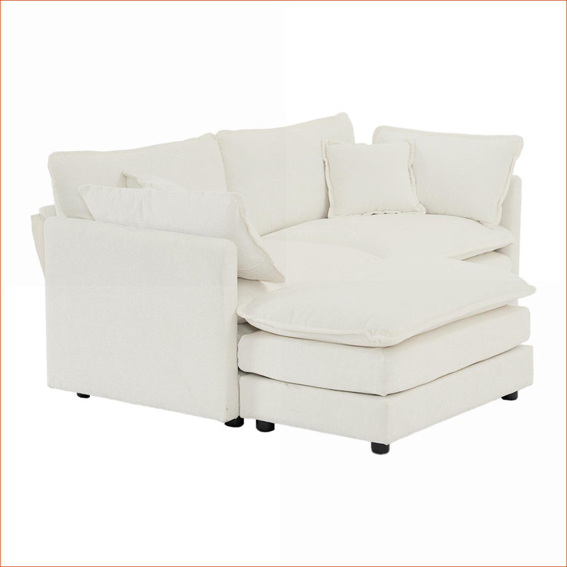 Canapés modulaires | Fauteuil moderne en L avec repose-pieds 2 places | Pour les petits espaces de vie | Structure en bois massif | blanc neige | Chenille