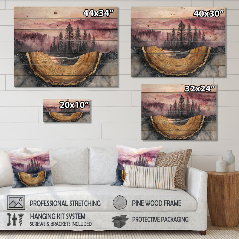 Forêt forêt de cristal d'améthyste IV - décoration murale en bois forêt - sur bois de pin naturel, H 34 po x l 44 po