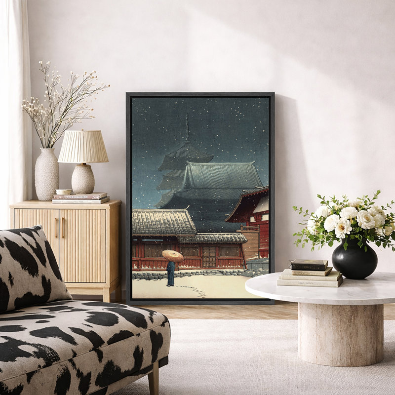 «Snowy Japanese Temple Night», art traditionnel d'hiver, photos, impression sur toile encadrée, H 36 po x l 24 po x P 1,5 po